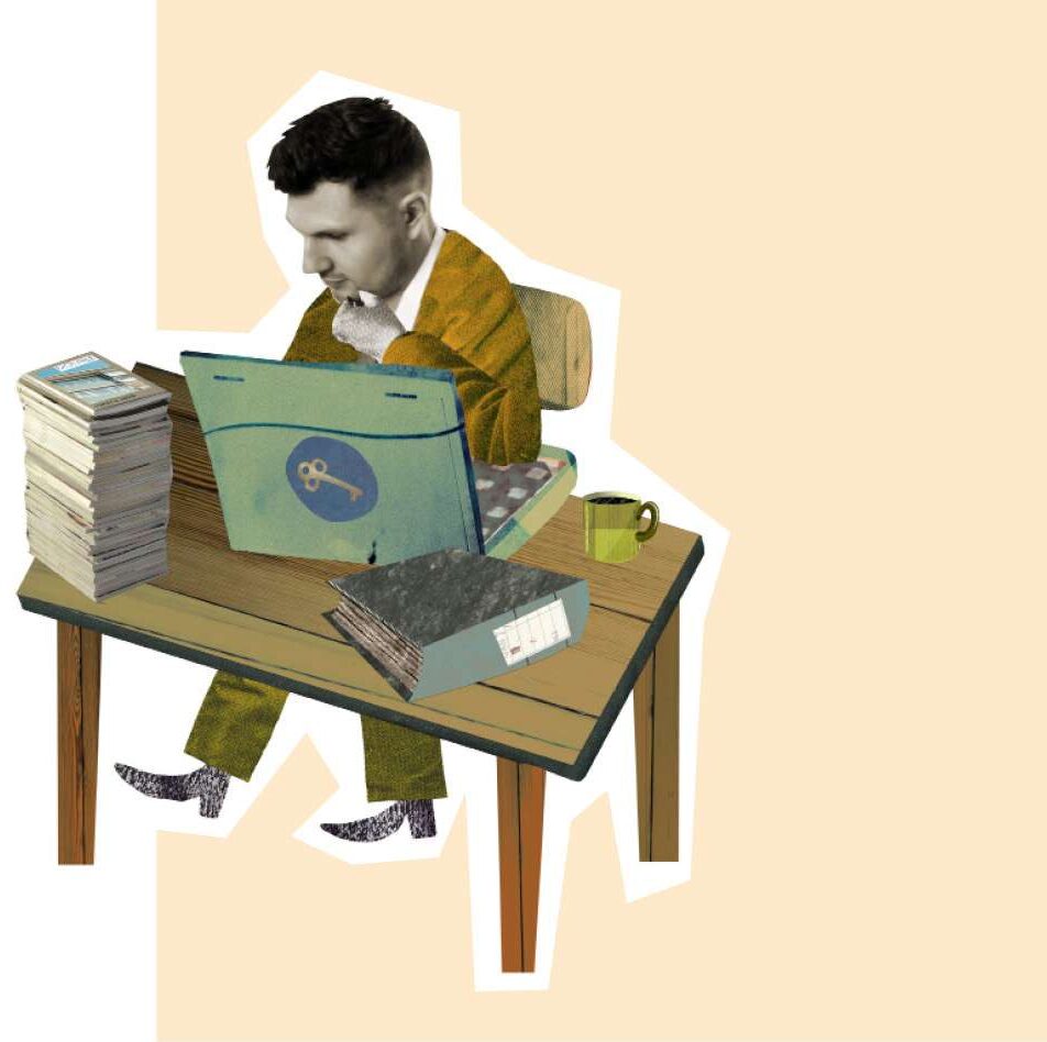 Illustration von Oliver Weiss. Darauf zu sehen ist eine Person, die an einem Schreibtisch vor dem Computer und einem Bücherstapel sitzt.